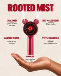 ROOTED Mist features: dual mist, red and blue light, massage nodes, Type-C, no mess